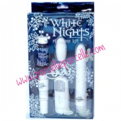 KIT DEL PIACERE WHITE NIGHTS DOC JOHNSON - ovetto, vibratore, olio per massaggi e  stimolatore clitorideo